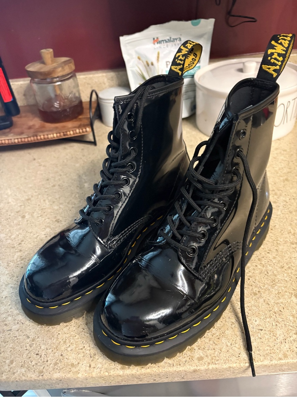 Dr. Martens Women's Black Patent Lace-Up Platform Boots with Yellow Stitching
